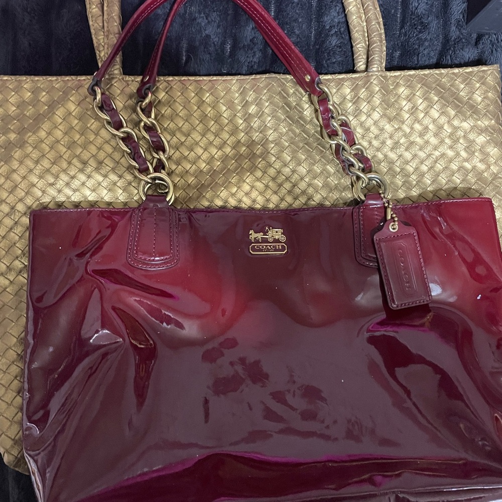 GOLD BAG and burgundy coach bag